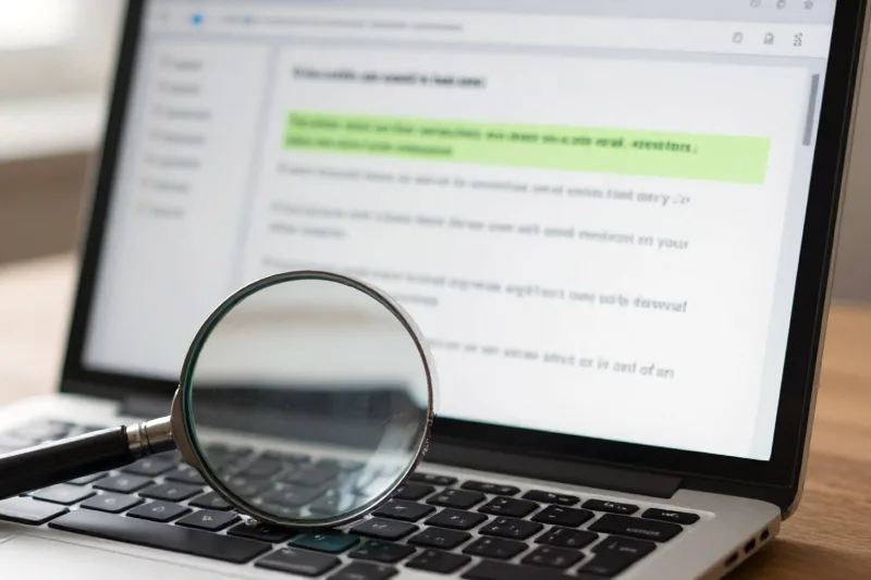 Lente d'ingrandimento accanto a un portatile per verificare un'email sospetta