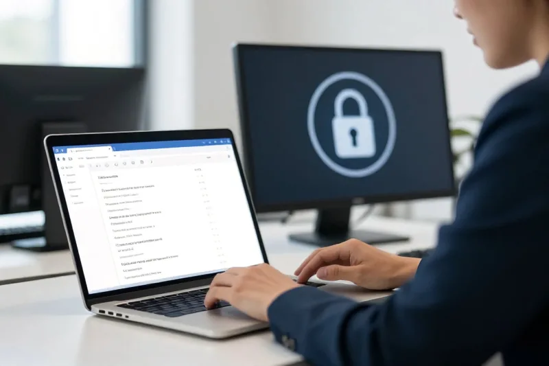 Professionista che controlla la posta elettronica su un portatile in un ufficio moderno