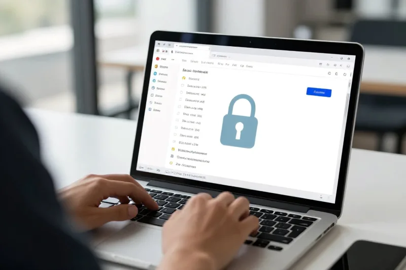 Persona che controlla la posta elettronica sul portatile con un lucchetto di sicurezza in evidenza