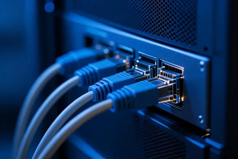 Cavi di rete e server che rappresentano la trasmissione cifrata dei dati di posta