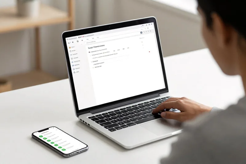 Persona che controlla la posta elettronica sul portatile con lo smartphone accanto